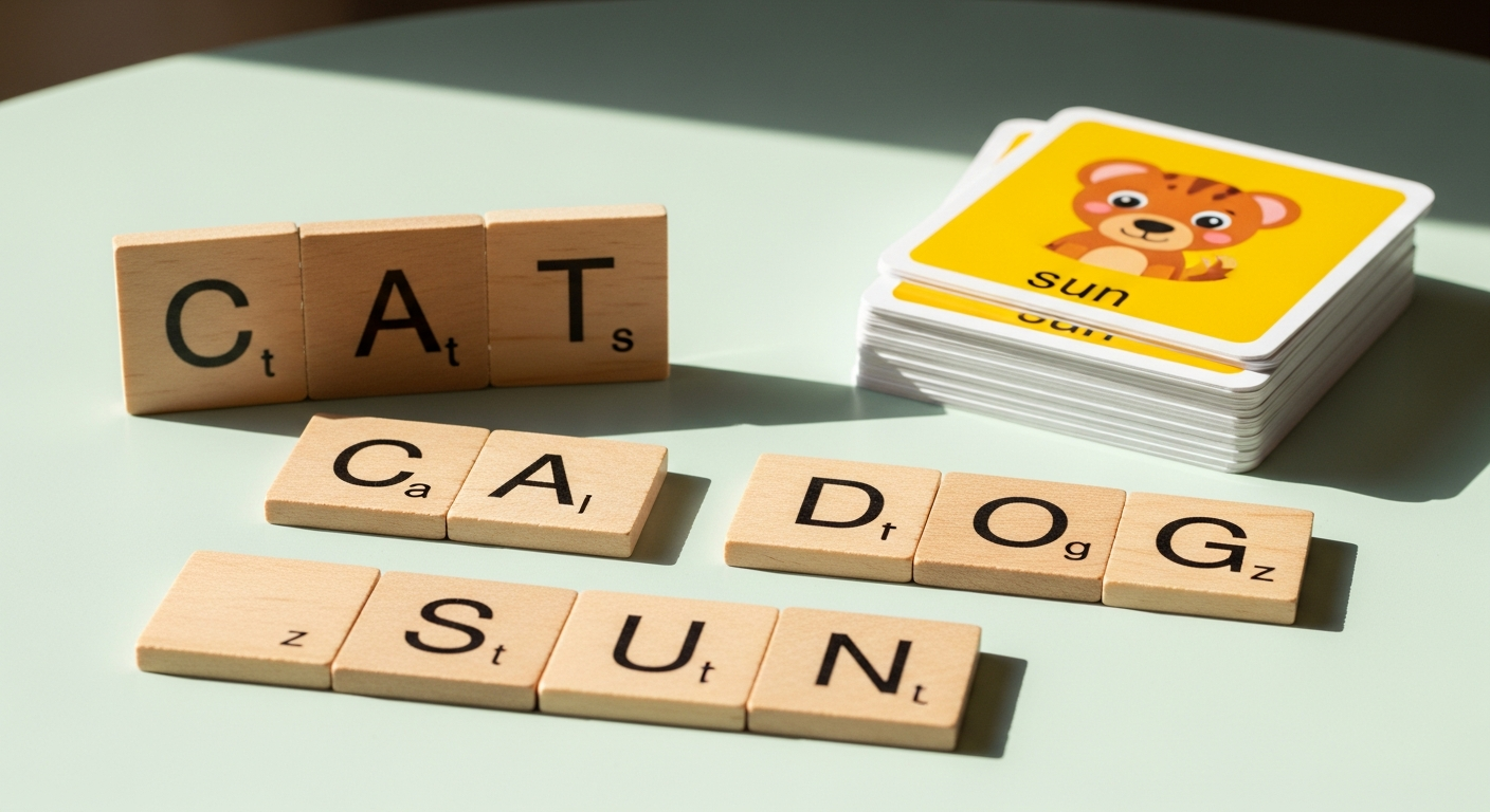 Wooden letter tiles and flashcards for early phonics practice at home