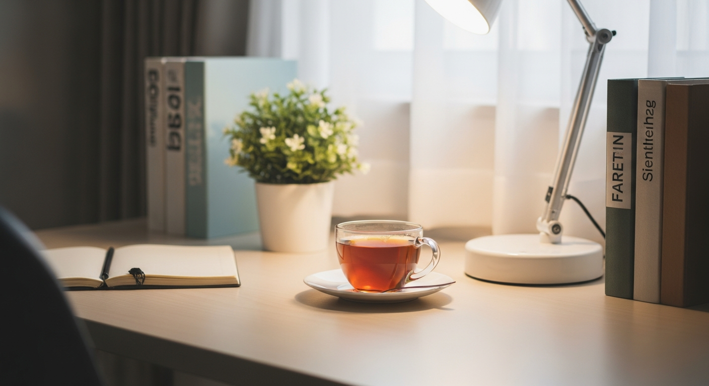 A calm, tidy desk corner with a plant and tea