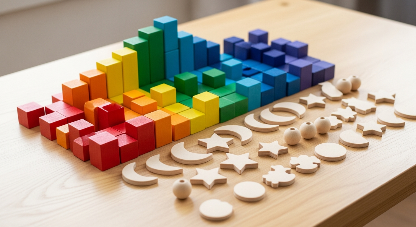Colourful wooden blocks and craft shapes on a table