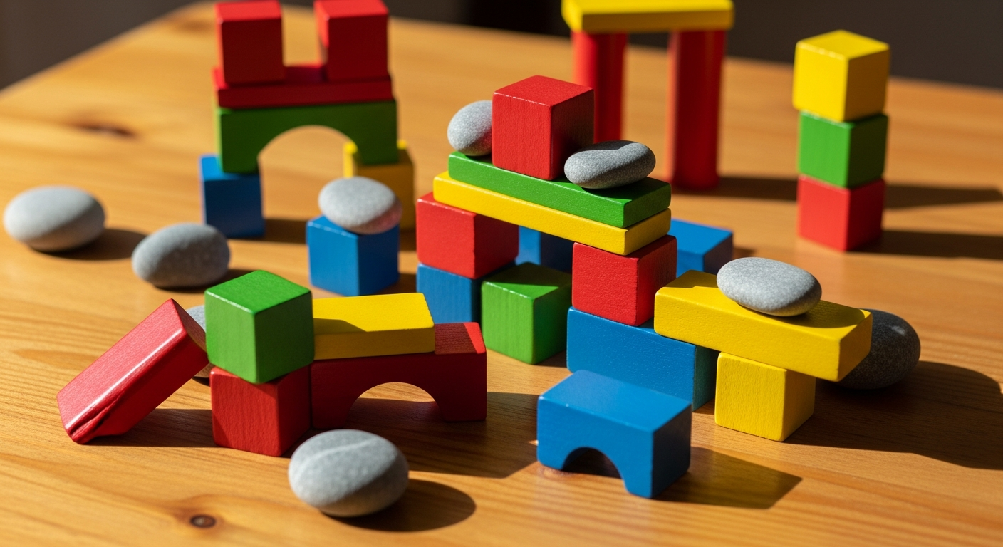 Colourful wooden toy blocks on a warm table