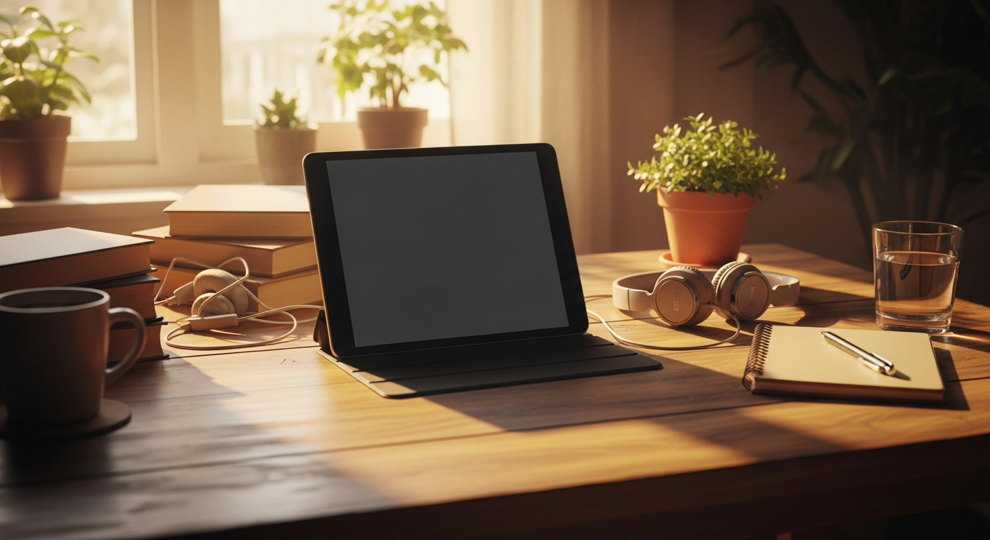 A tablet on a warm, sunny home desk