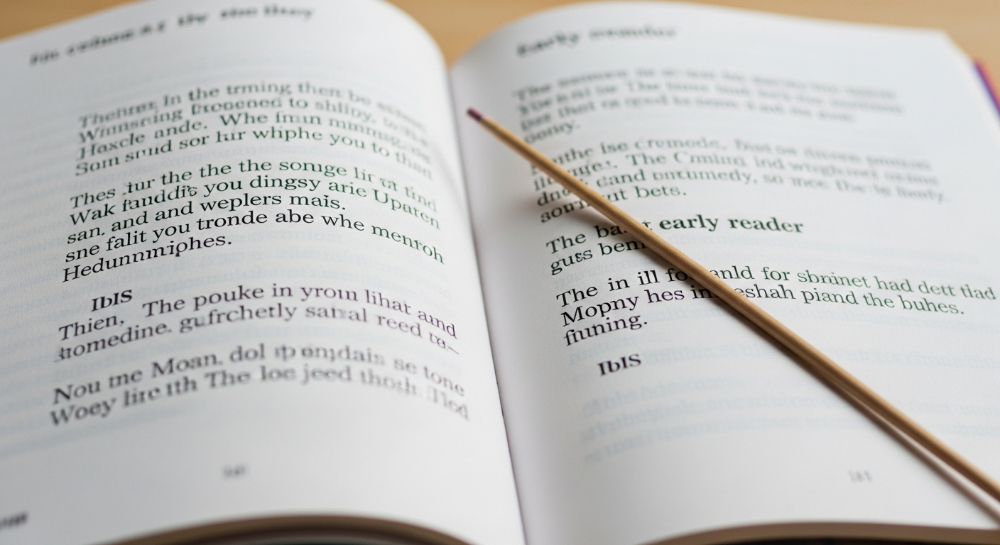 Open early-reader book with a pointer for calm phonics practice