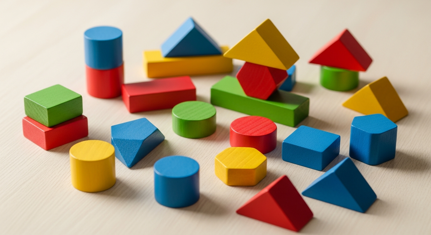 Colourful wooden geometric blocks on a table