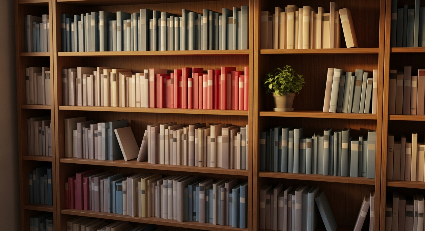 A tidy bookshelf of colourful books with a plant