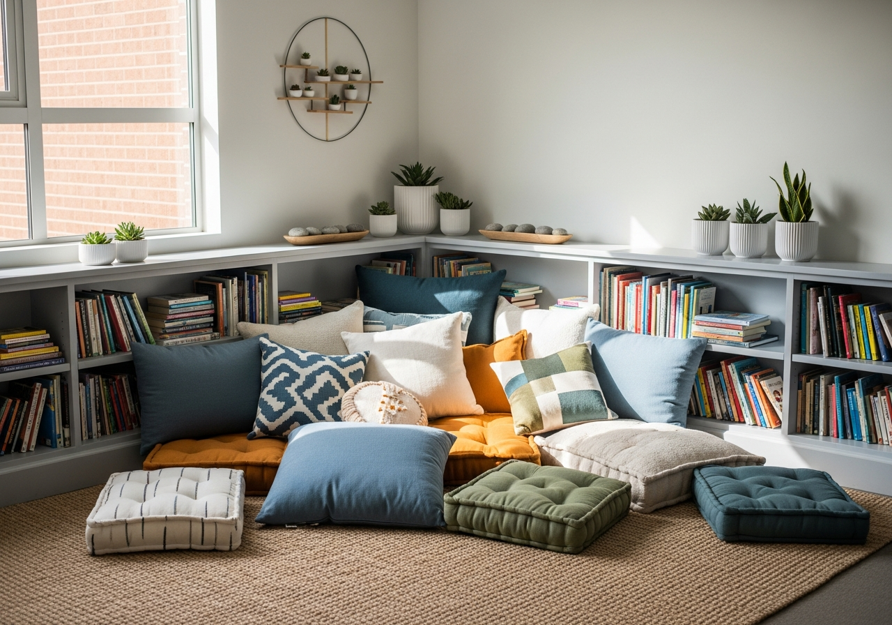 A calm, bright primary classroom reading corner