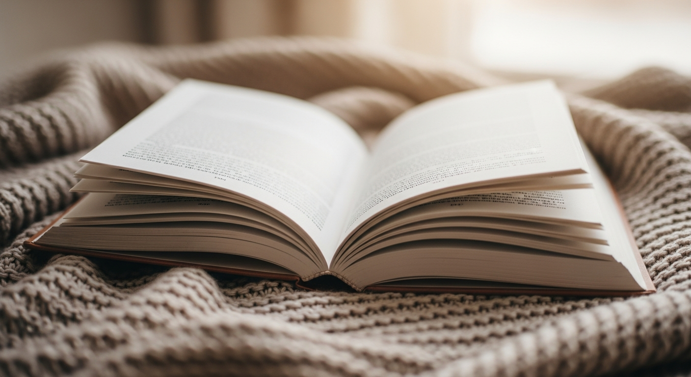 An open book resting on a cosy blanket