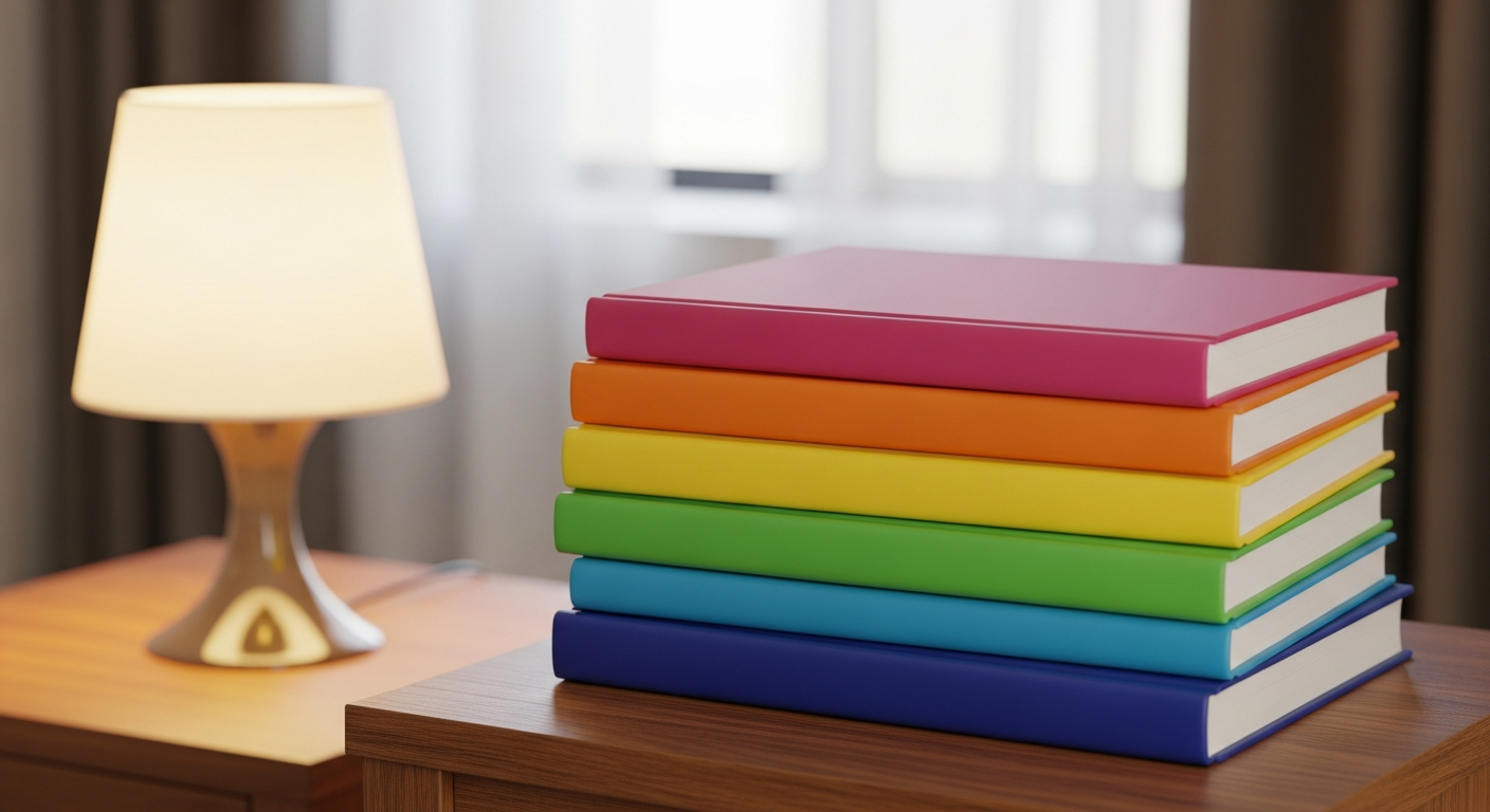 A stack of colourful books on a bedside table