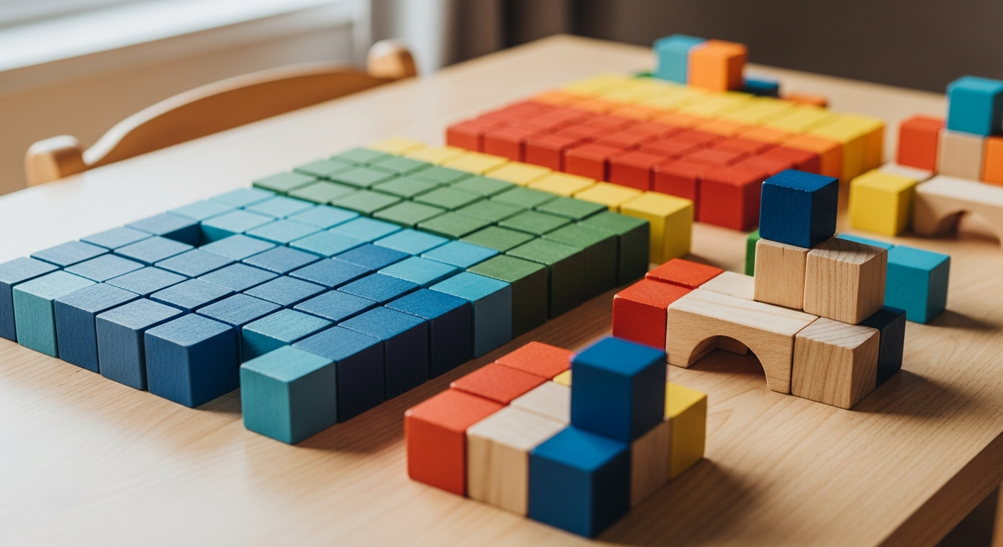 Colourful wooden cubes arranged in tidy rows