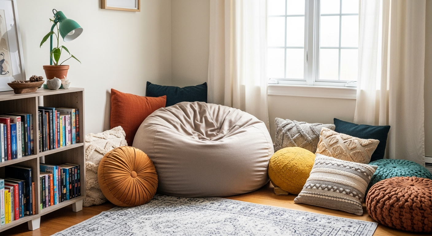 An inviting reading corner with a beanbag