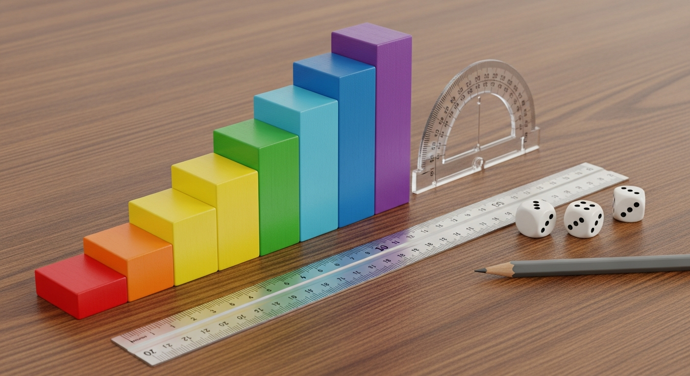Colourful counting blocks, ruler, protractor and dice on a wooden desk
