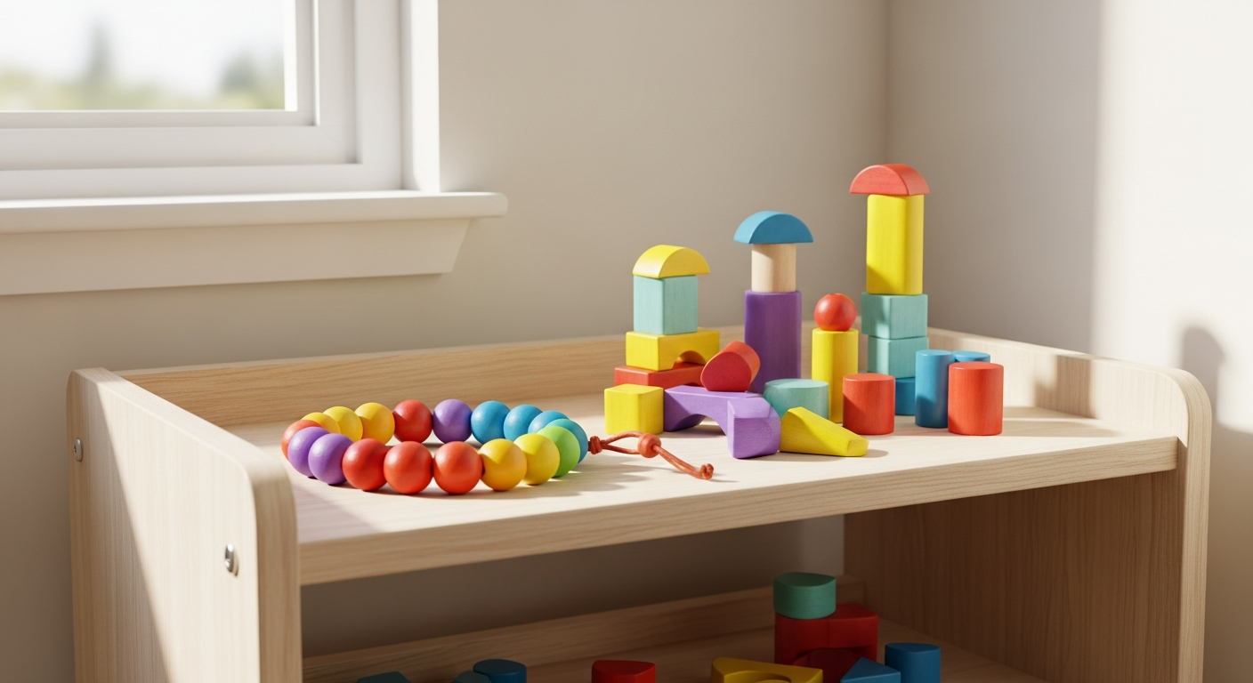 A classroom corner with colourful beads and blocks